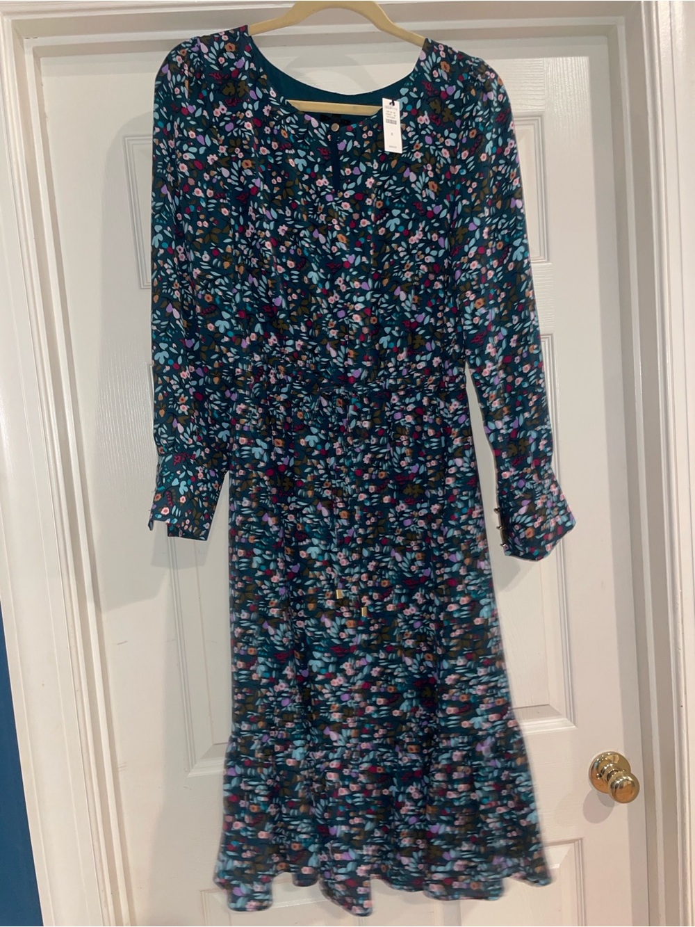 NWT Talbots teal floral midi dress ruffled hem long sleeve